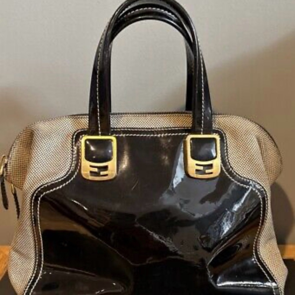 Fendi Convertible Satchel Chameleon Black Patent Leather purse